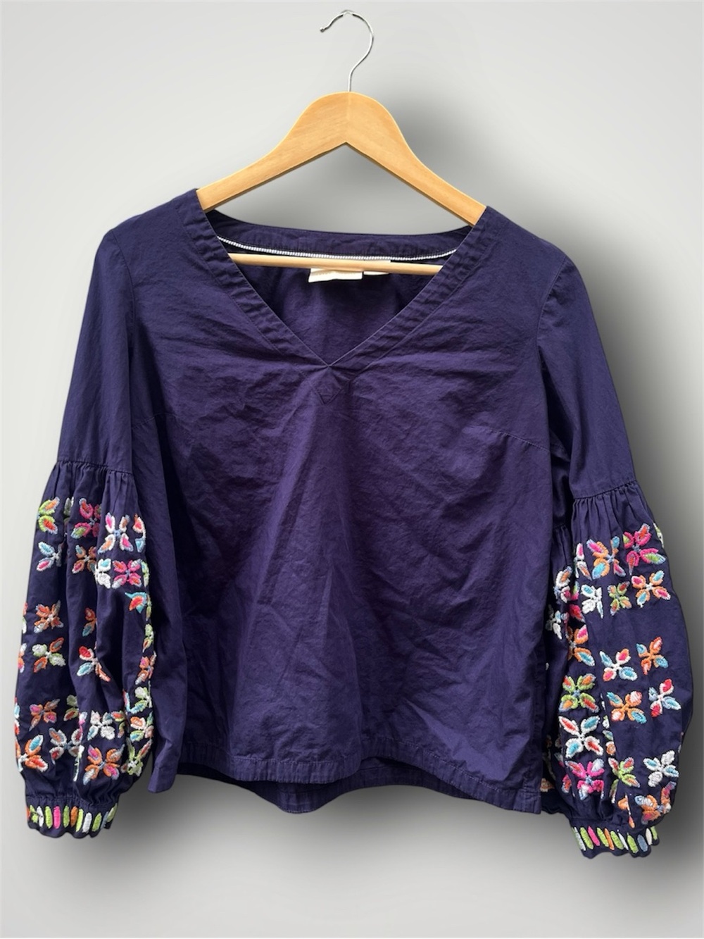 Anthropologie Maeve Sonja Boho Embroidered Balloon Sleeve V-Neck Blouse Navy